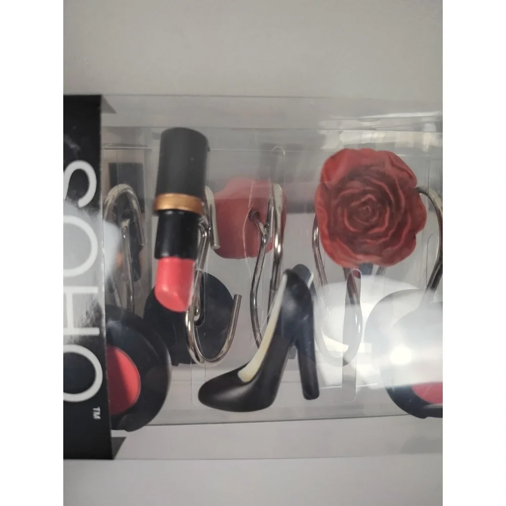 Glam Shower Curtain Hooks‎ Set Lipstick Heels Rose Bath Decor Fashion Vanity